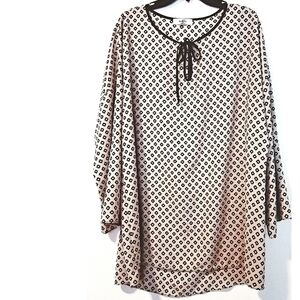 Moa Moa Women‎ Tan Black Geometric Popover Top Tie Neck Blouse 1X